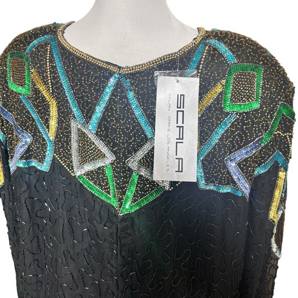 VTG Womens 80s Scala Silk Beaded Sequin Dress Black Gold Green Party Cocktail 3x - Picture 8 of 9